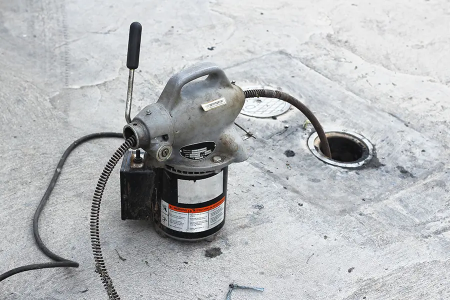 Drain cleaning machine near a drain opening