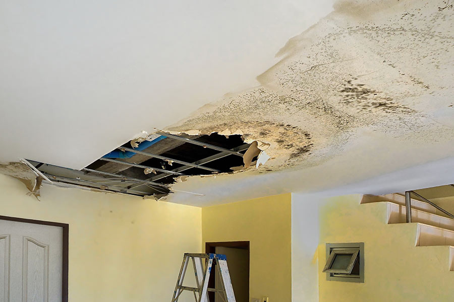 Water damaged ceiling with mold and hole